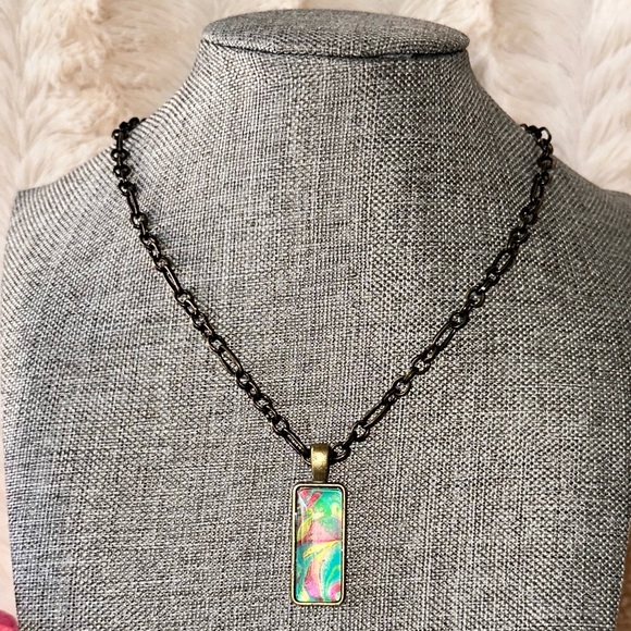 Hand Crafted Jewelry - Hand painted Abstract Acrylic fluid pour art bezel pendant necklace pink blue